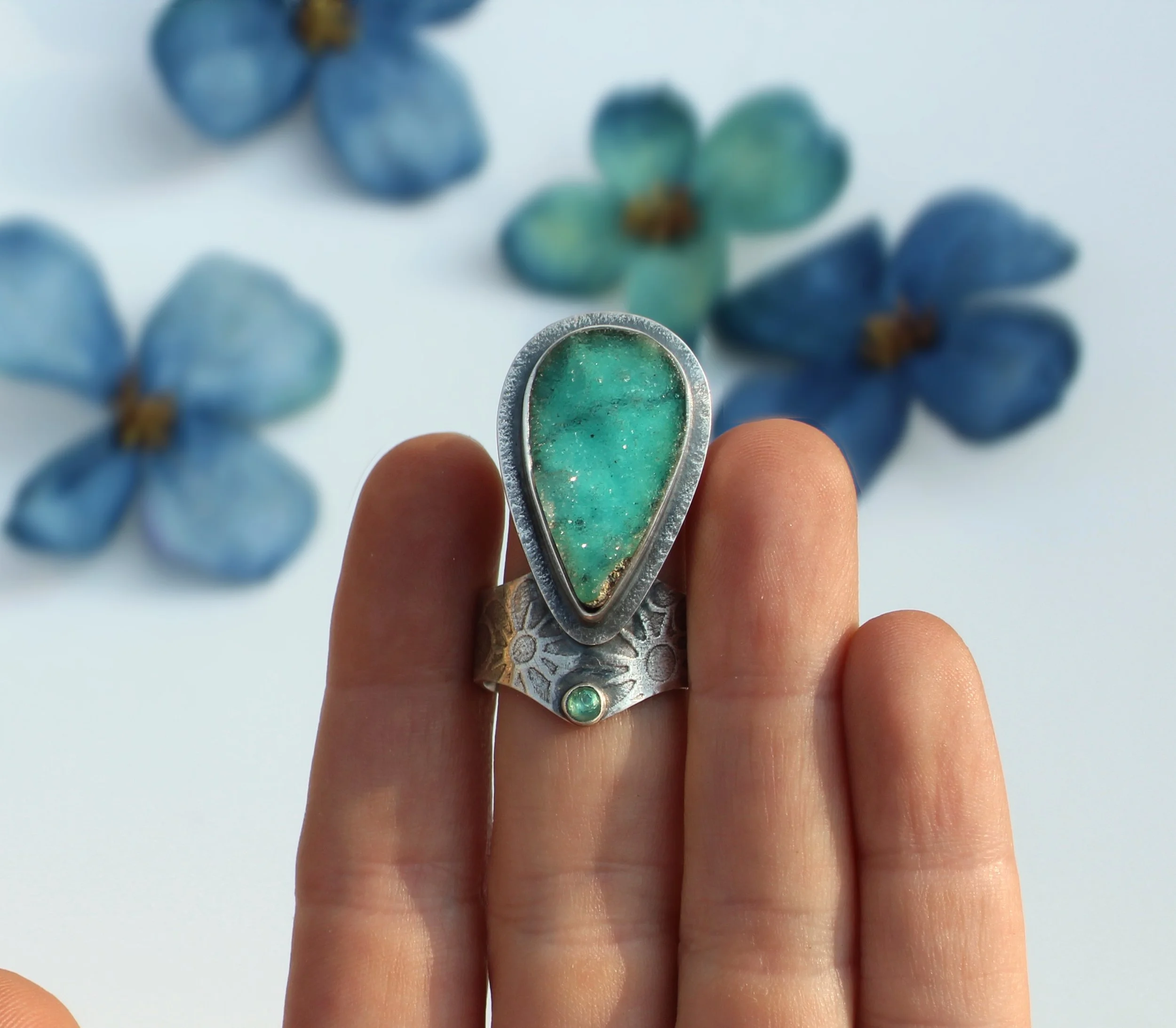 Fits Size 7 3/4 - Sterling Silver Chrysocolla Druzy and Apatite Gemstone Ring - Artisan Silversmith Blue Stone Jewelry