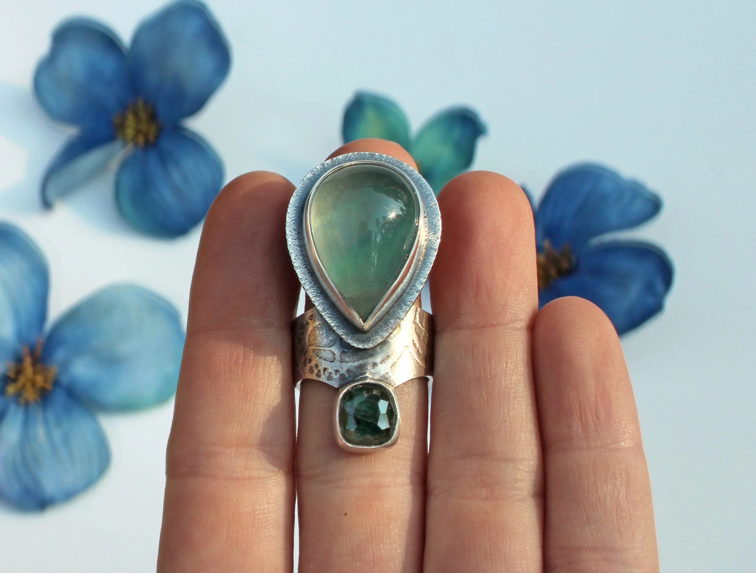 Fits Size 6 3/4 - Sterling Silver Fluorite and Watermelon Tourmaline Gemstone Ring - Artisan Silversmith Green Stone Jewelry