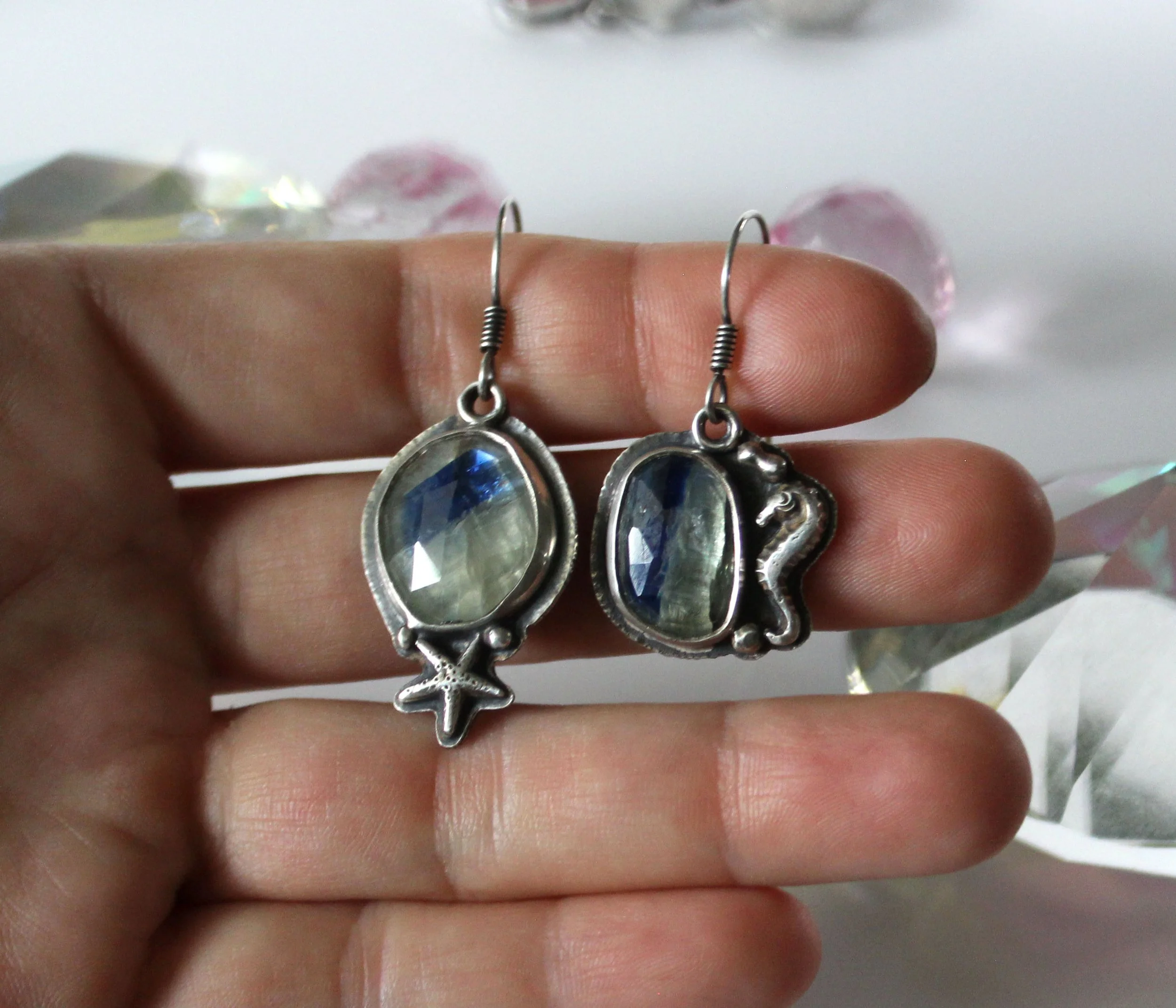 Sterling Silver, Faceted Blue Kyanite Ocean Inspired Earrings with Starfish & Seahorse
