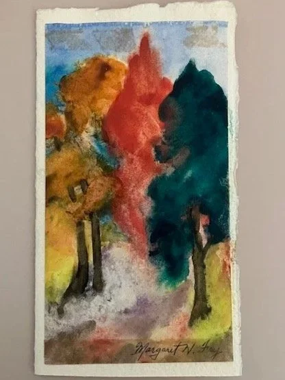 Abundance & Precarity list, with image featuring an original painting of trees in the autumn, with orange and gold leaves