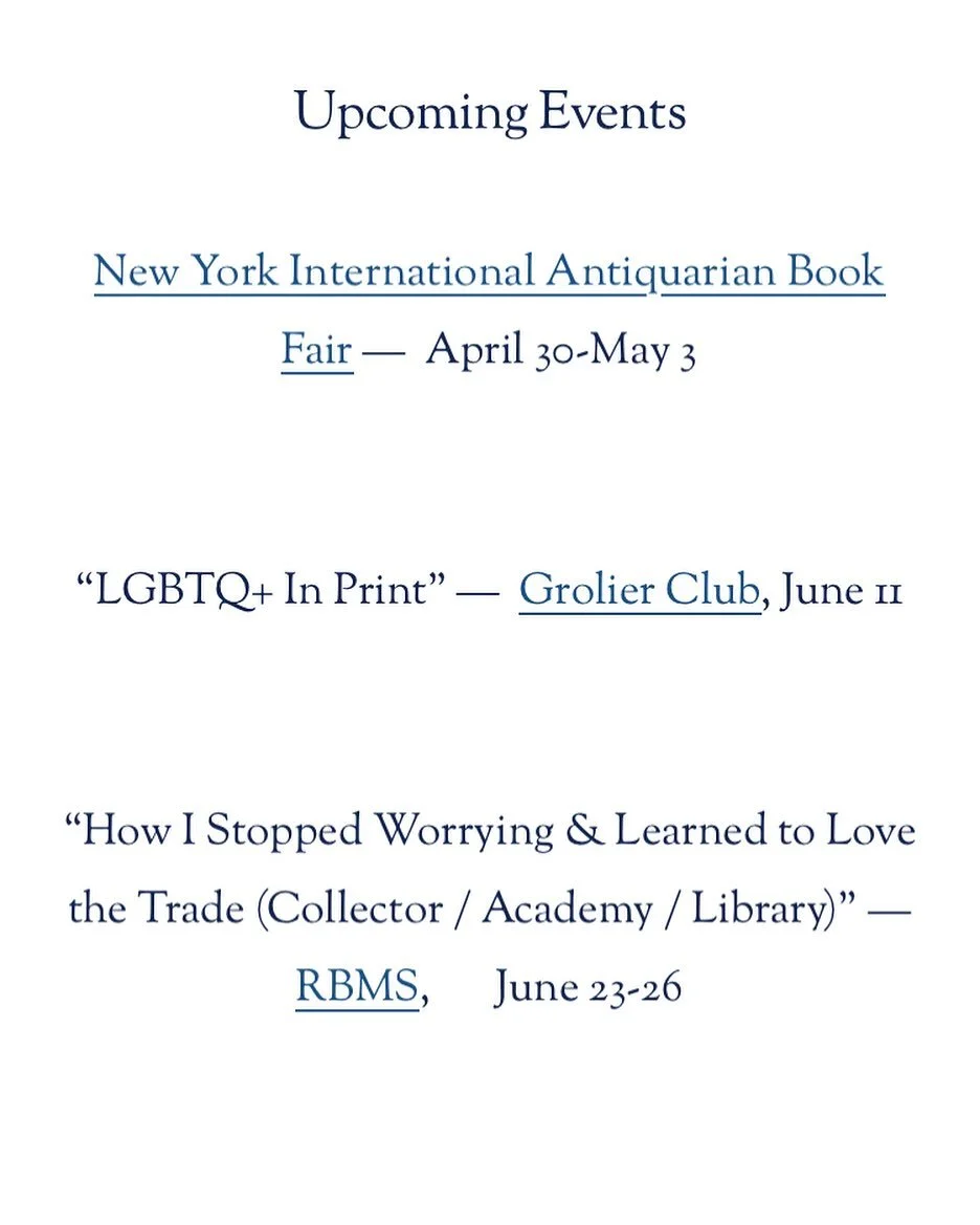 Spring is always busy and exciting, and we&rsquo;re getting ready to spend some time on the East Coast doing bookish things!

On Sunday we depart for New York, with @nybookfair and @rarebooksla Manhattan Rare Book &amp; Fine Press Fair being the main