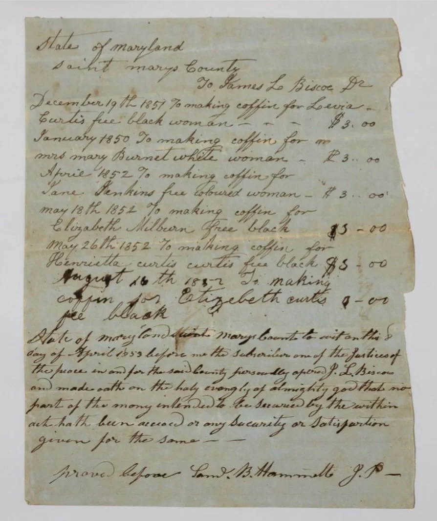 In 1853, cabinet maker James L. Biscoe&rsquo;s receipt for coffin making was sent to the county for payment by Justice of the Peace Samuel Biscoe Hammett. What on the surface seems like a simple municipal transaction carries with it the heavy weight 
