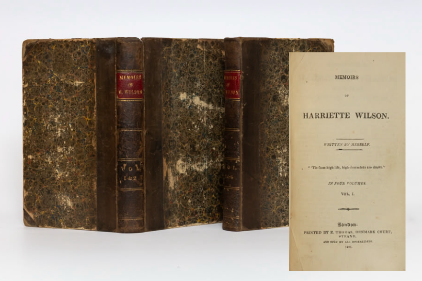 Two 18th century half calf over marbled boards bindings on a light backdrop. A title page is popped out, with the words Memoirs of Mrs. Harriette Wilson, written by Herself.