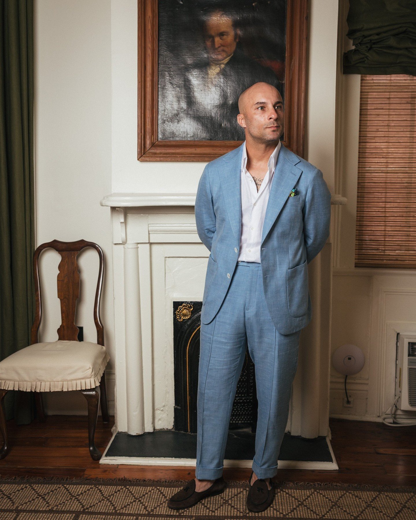 Sonny in a wool, silk, and linen suit from Hardy Minnis&rsquo; Summer Breeze collection.

The color reminds us of a Haint blue porch ceiling on a humid Southern afternoon.
