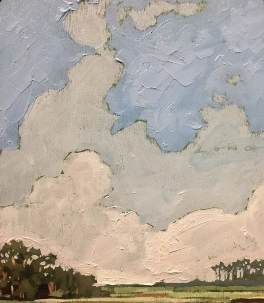 A painting of a blue sky with large white clouds and a line of trees at the horizon.