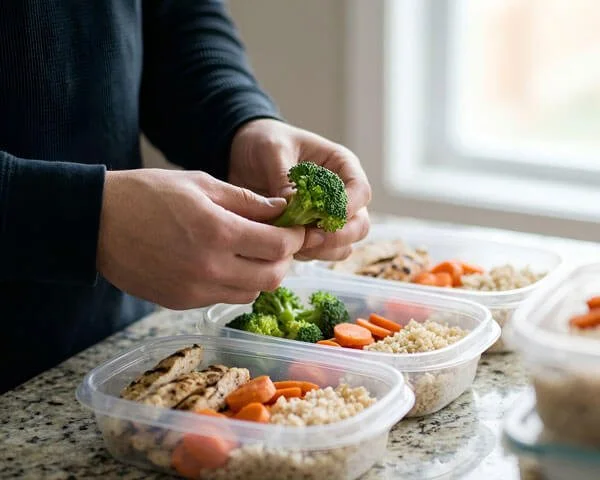 man prepping healthy food in containers