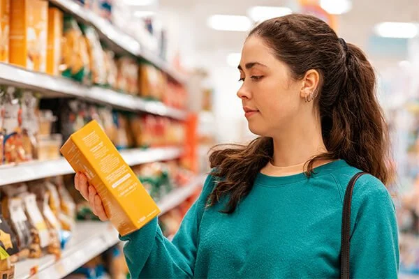 woman reading nutrition label