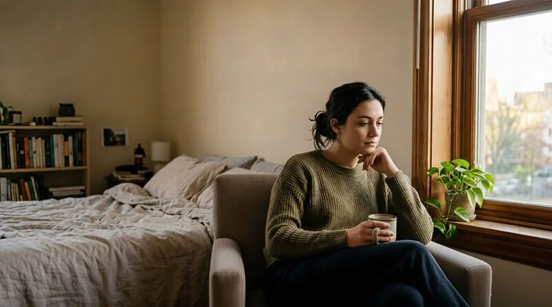 woman looking out bedroom window, deep in thought