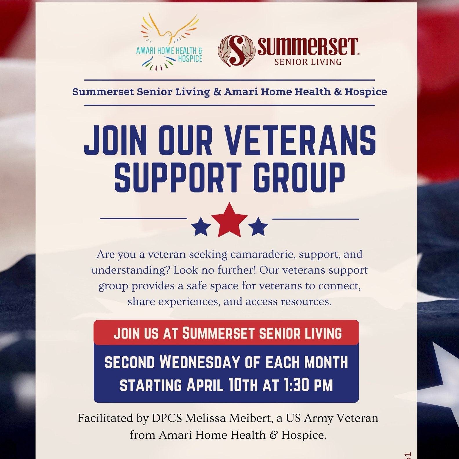 🎖️ Calling all veterans! 🎖️ Tomorrow, Wednesday May 8th, marks our next gathering for the Veteran's Support Group at Summerset Senior Living. 🗓️ Join us every second Wednesday of the month for camaraderie, connection, and community.

In our welcom