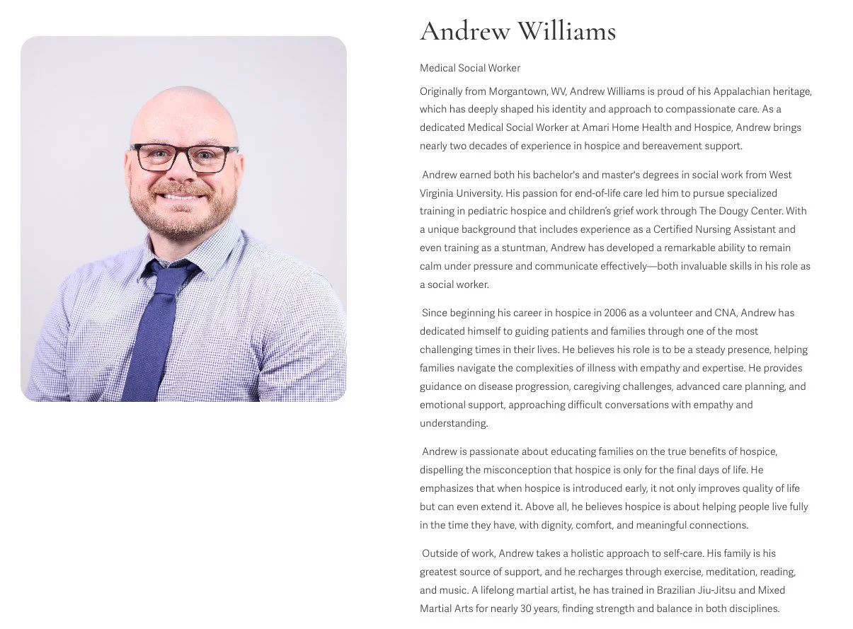 Have you met Andrew Williams yet, our Medical Social Worker? Our Medical Social Workers play a vital role in supporting patients and families through life's most challenging moments. 

With nearly two decades of experience, Andrew approaches his work