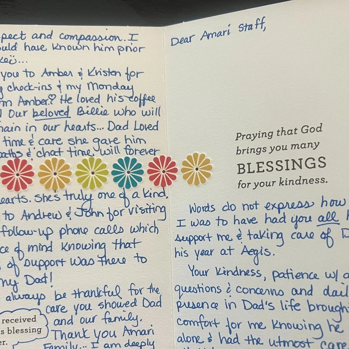 We are so grateful to receive heartfelt messages like this from families we&rsquo;ve had the honor of caring for. 💙 Thank you for trusting Amari Hospice and our dedicated team during such an important time. It means the world to know our compassion 