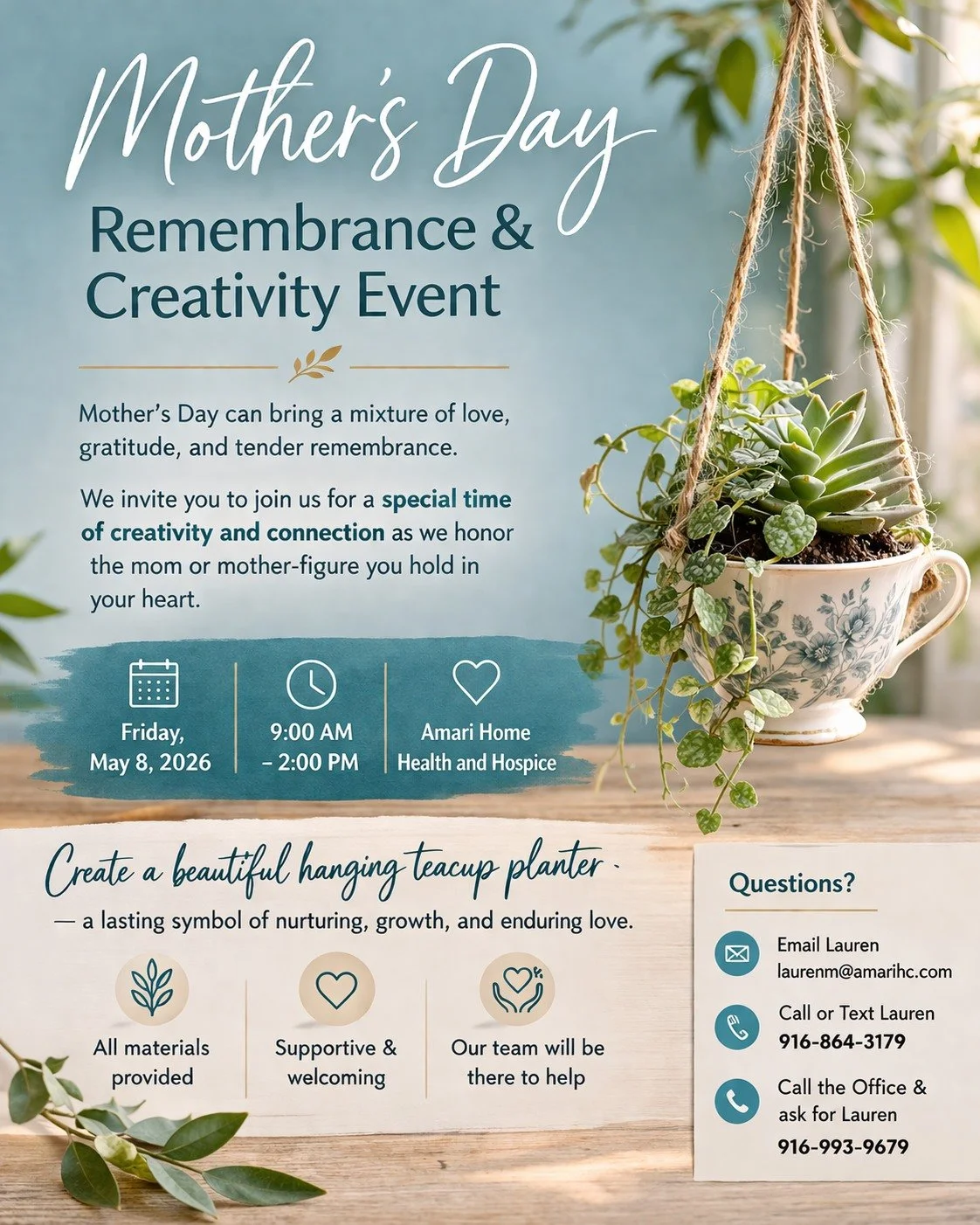 Don't forget to RSVP!

💐 Mother&rsquo;s Day can bring a mix of love, gratitude, and tender remembrance.

We invite you to join us at Amari Home Health and Hospice for a gentle, heartfelt event where we honor the mom or mother-figure you hold in your