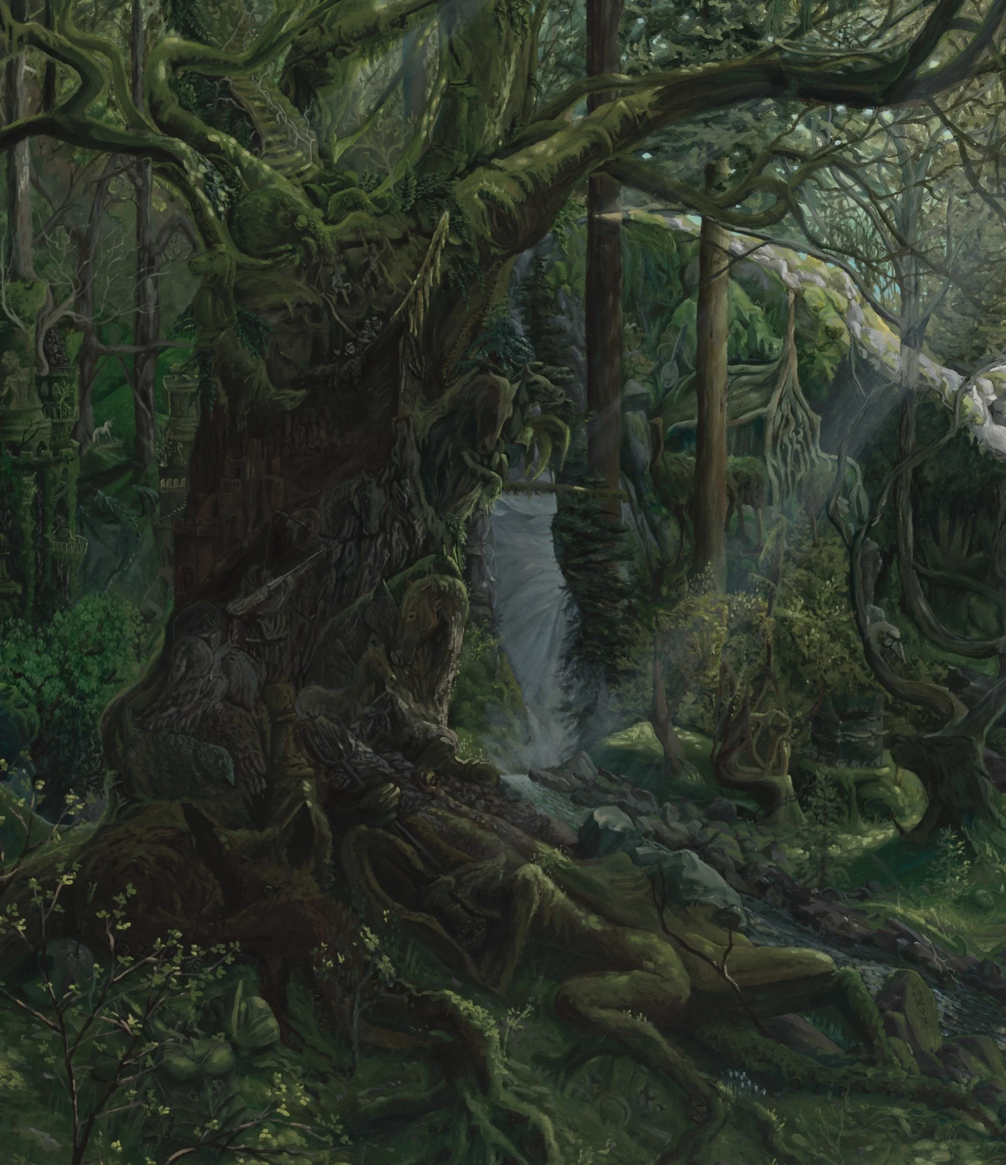 A dense, lush forest with moss-covered trees and a waterfall flowing through the scene.