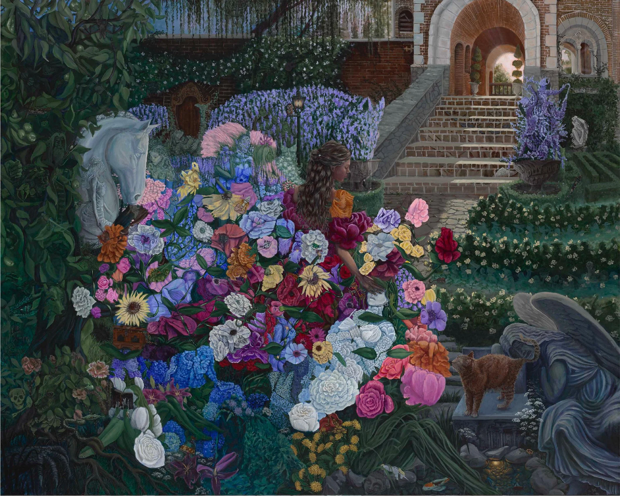 illustration of a garden scene with flowers, trees, and a staircase leading to an archway, with figures and animals among the lush foliage.