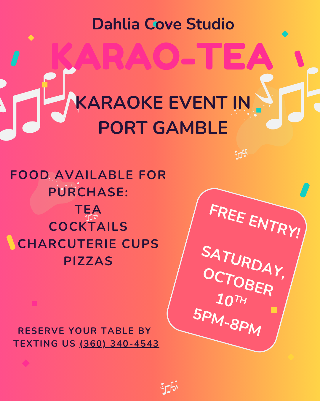 Flyer for Karao-Tea & Charcuterie event at Dahlia Cove Studio, featuring a cartoon illustration of two people singing into microphones, with details about ticket price, inclusions, and booking info.