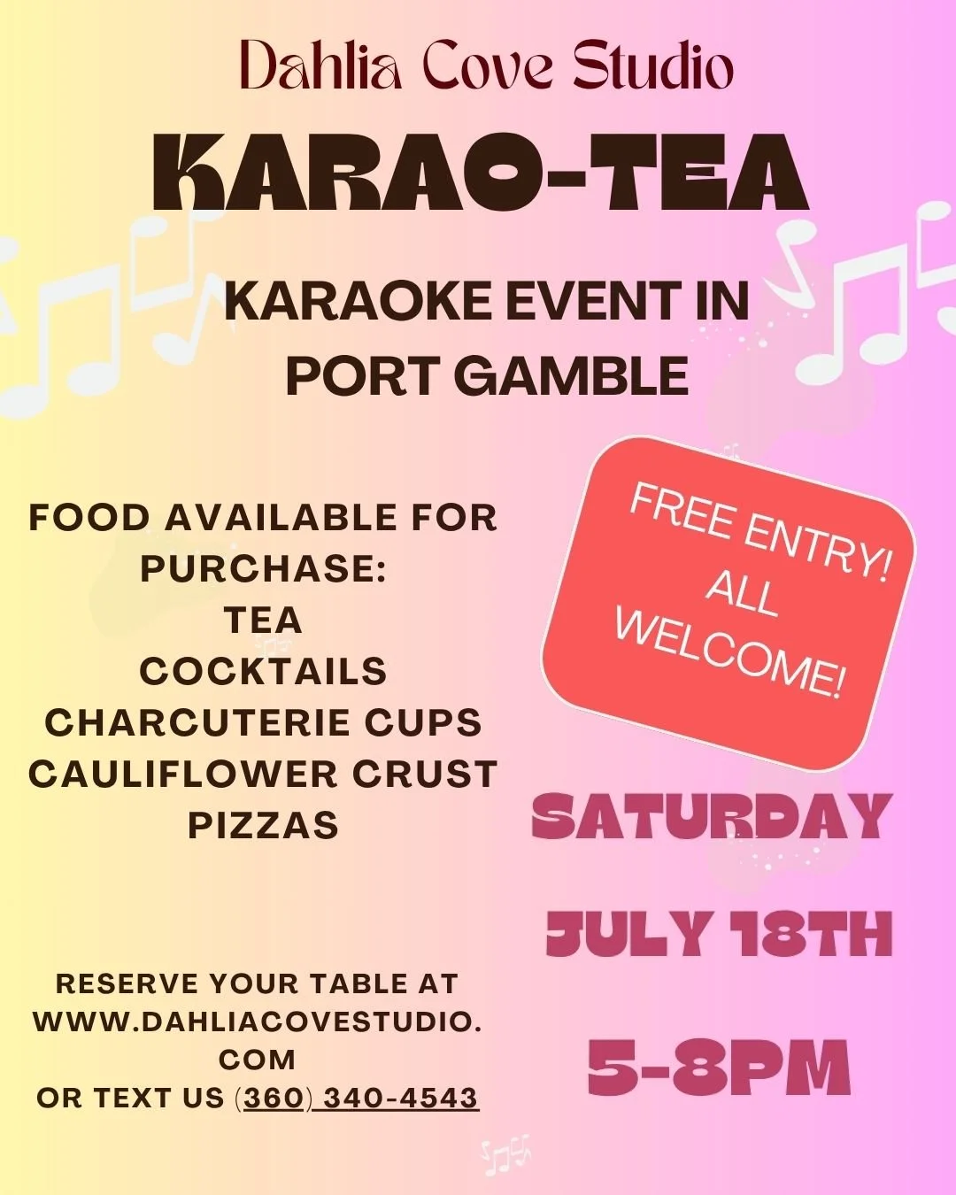Flyer for Karao-Tea & Charcuterie event at Dahlia Cove Studio, featuring a cartoon illustration of two people singing into microphones, with details about ticket price, inclusions, and booking info.