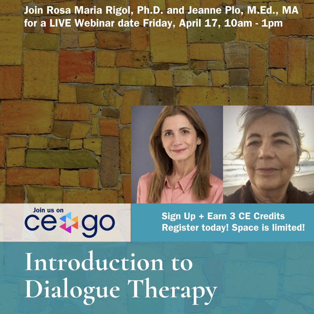 Poster promoting a webinar titled 'Introduction to Dialogue Therapy' featuring photos of Rosa Maria Rigol and Jeanne Plo, scheduled for November 7th from 10 am to 1 pm, with registration and CE credit details, set against a brick wall background.