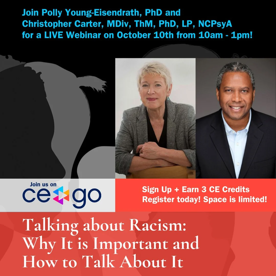 A digital poster promoting a live webinar on racism, scheduled for October 10th from 10am to 1pm. The poster features portraits of two speakers, a woman with short blonde hair and a man with short curly gray hair, along with details about the event, including registration and CE credits. The background has a dark theme with a large silhouette of a person's head on the left side.