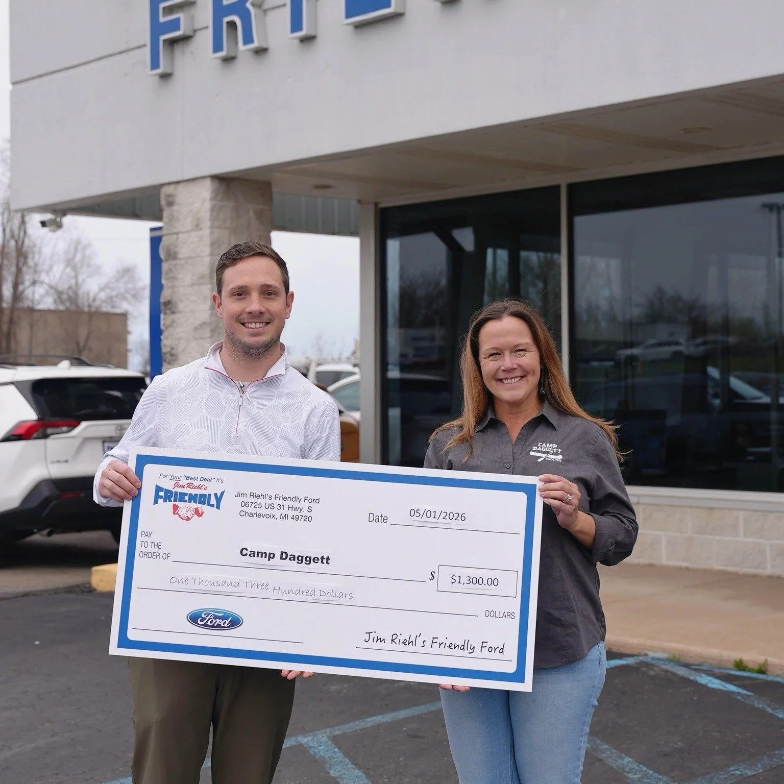 Sales Manager Kameron Williams presented Camp Daggett Executive Director Julie Joles with a $1,300 donation from Jim Riehl's Friendly Ford in Charlevoix!

Camp Daggett was selected as the dealership&rsquo;s April Charity Partner and earned $100 for e
