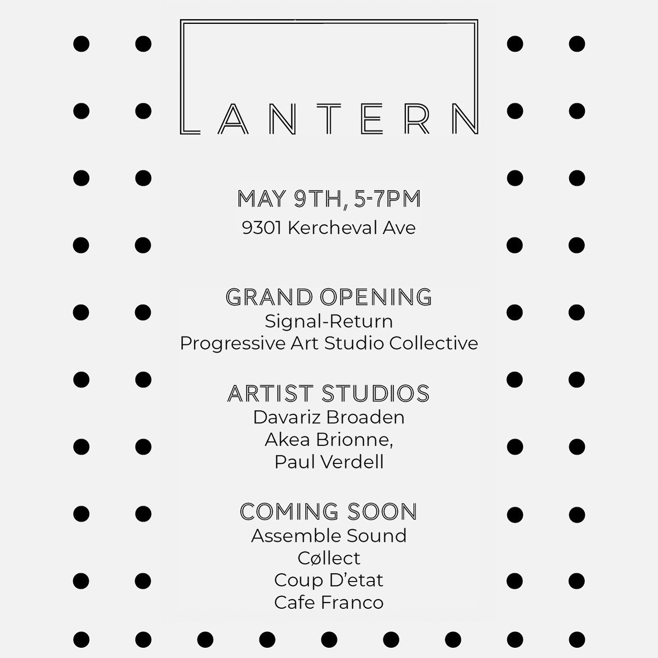 &ldquo;Join us in celebrating the grand opening of @SignalReturn and @ProgressiveArtStudioCollective this Thursday, May 9th from 5-7pm at @LANTERNdetroit!&rdquo;

The celebration will include a look into the future spaces of @Collect.BeerBar, @YoureS