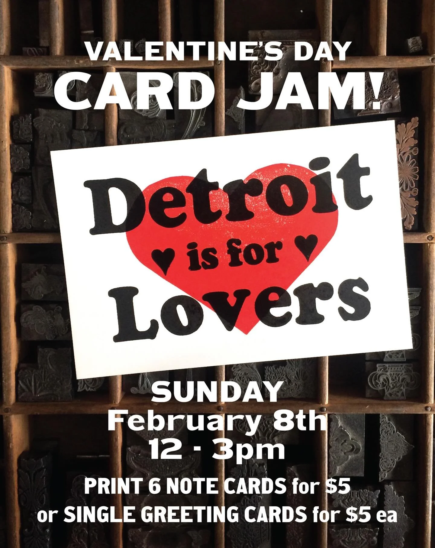 Join us on February 8th for our Valentine&rsquo;s Day Card Jam! Stop by and print your own card for that special someone. We will have several card designs to choose from as well as kids notecard valentines for friends and classmates!

Print 6 noteca