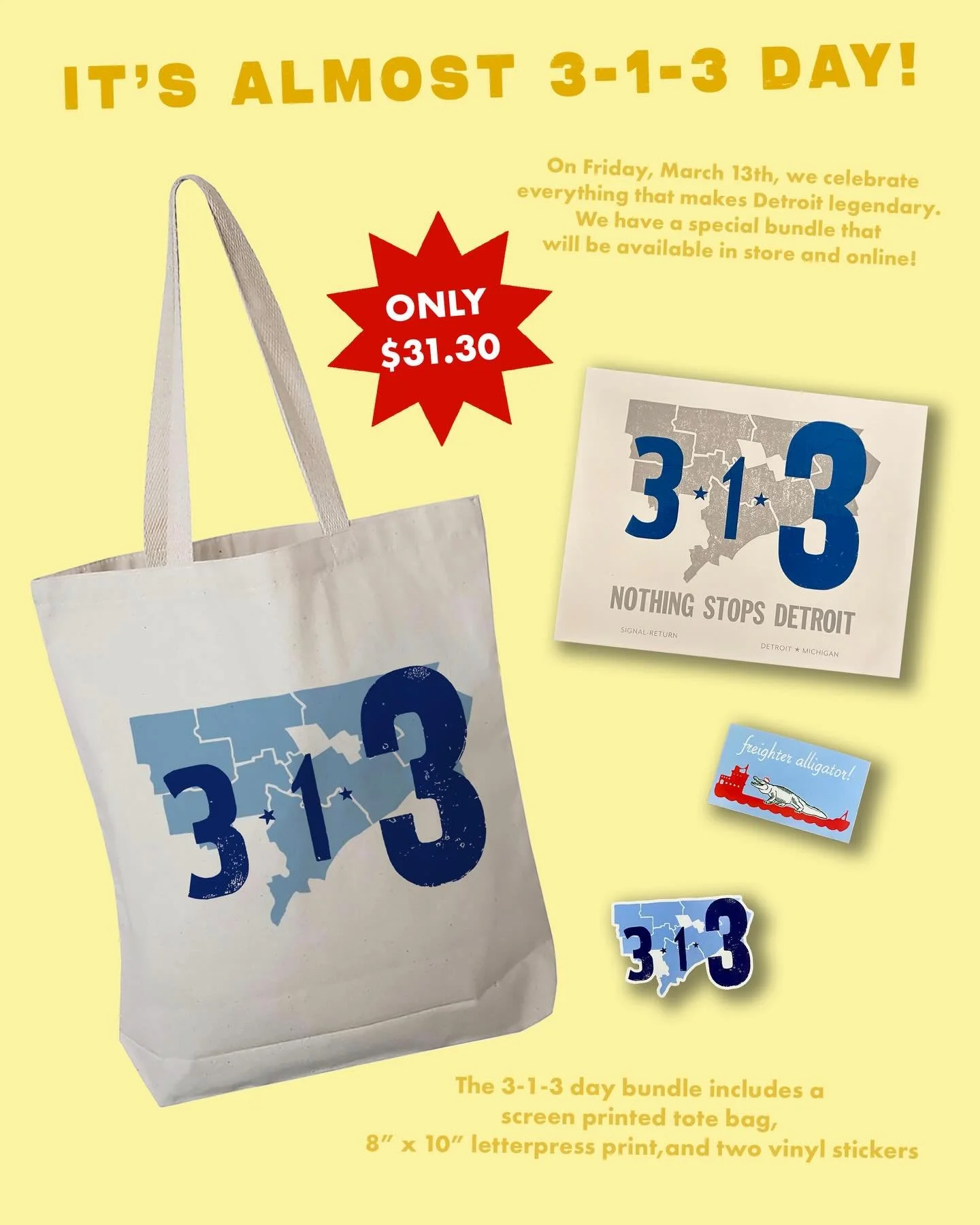 Happy (almost) 313 Day! We will have a special bundle available tomorrow to celebrate 🏙️ the bundle includes a 8&rdquo; x 10&rdquo; letterpress print, screen printed tote bag, and two waterproof vinyl stickers (limited stock available)! Come visit u