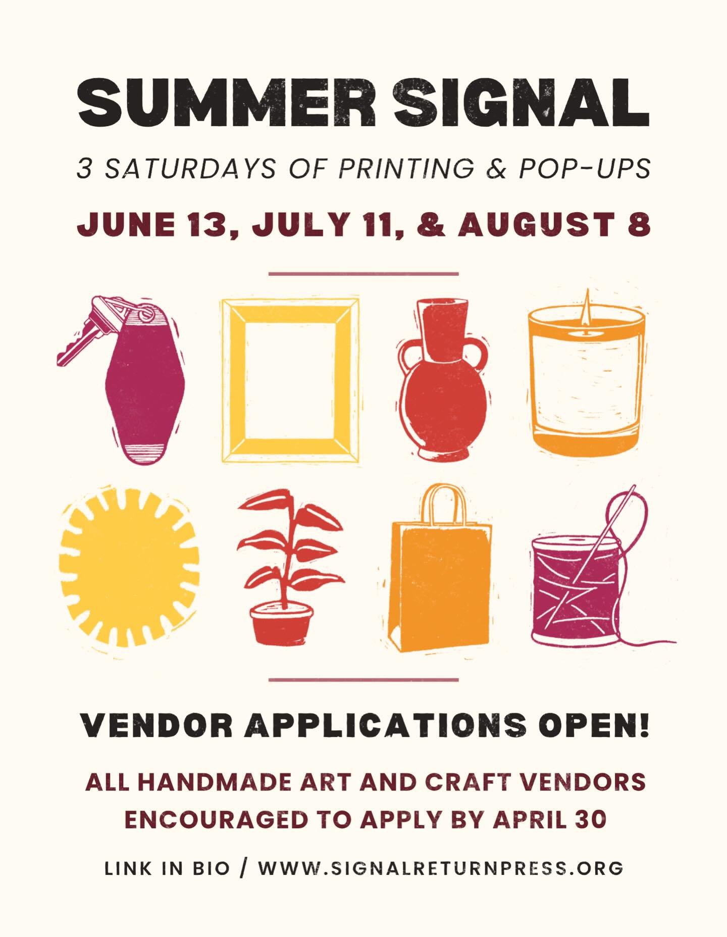 Our vendor application is now open for our 2026 Summer Signal series! We are hosting 3 days of printing &amp; artist pop-ups at Signal-Return. All vendors of handmade art and crafts are welcome to apply! Click the link in our bio or go to our website