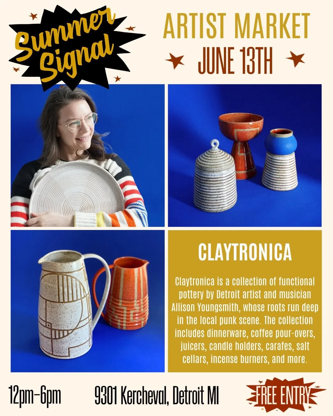 We are excited to announce the art vendors joining our Summer Signal artist market happening on June 13th! Shop a variety of handmade, unique goods created by local artists inside the Signal-Return space from 12 - 6 PM. See you soon!

#detroit #artis