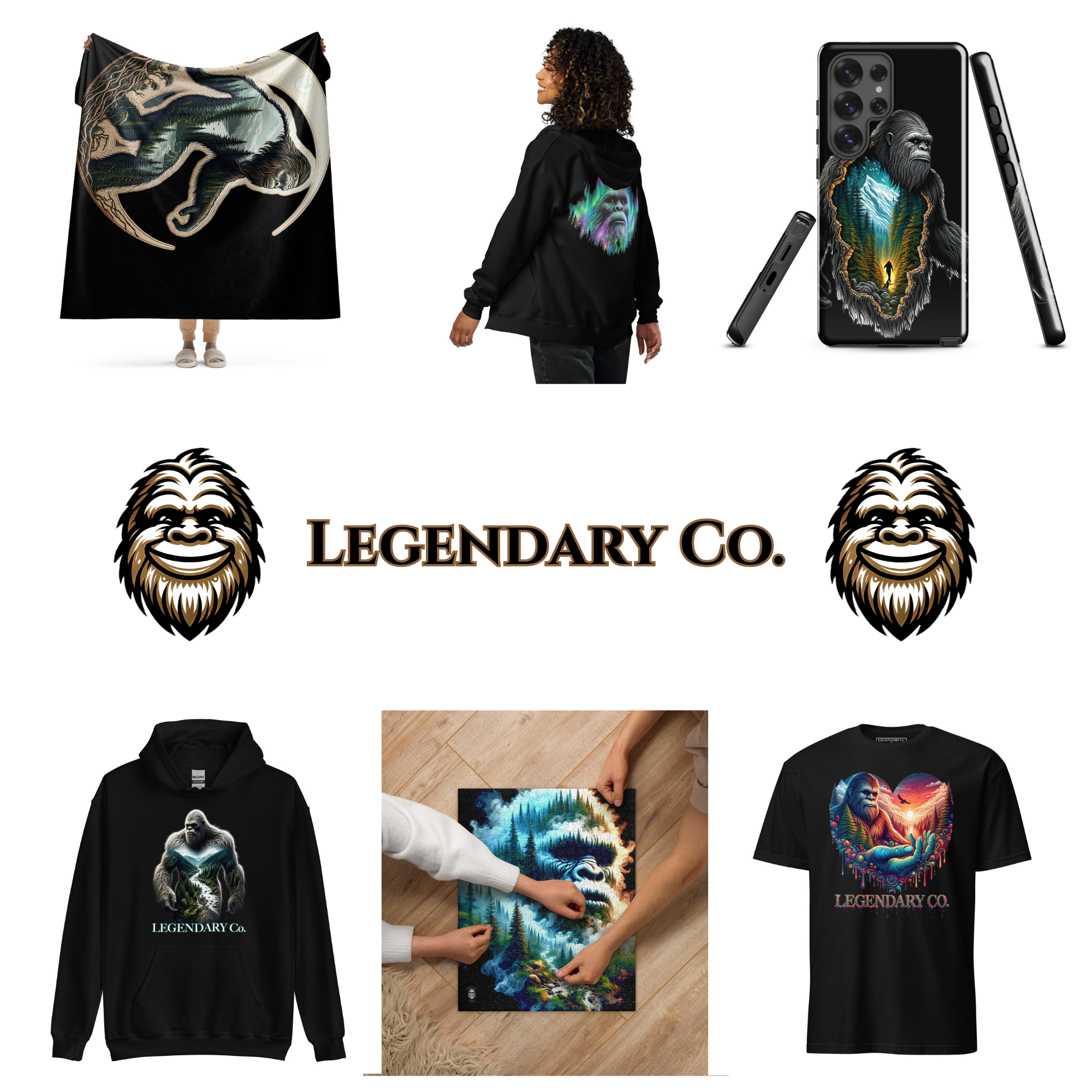 Display of clothing and accessories featuring a bigfoot and forest-themed artwork, including hoodies, t-shirts, a blanket, and phone cases, all branded with 'Legendary Co.' logo.