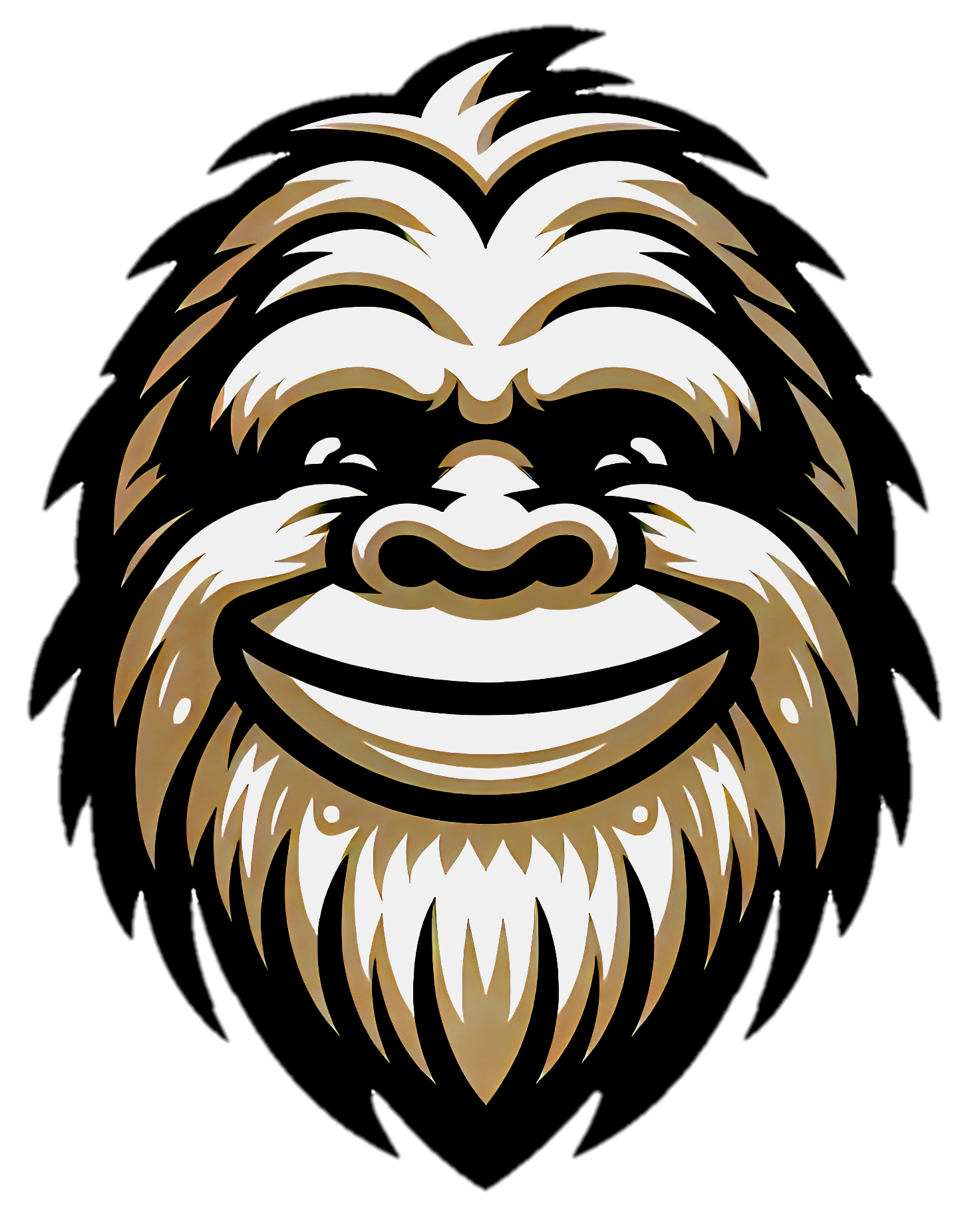 Stylized depiction of a bigfoot's face with a mane, using black, white, and beige colors on a black background.