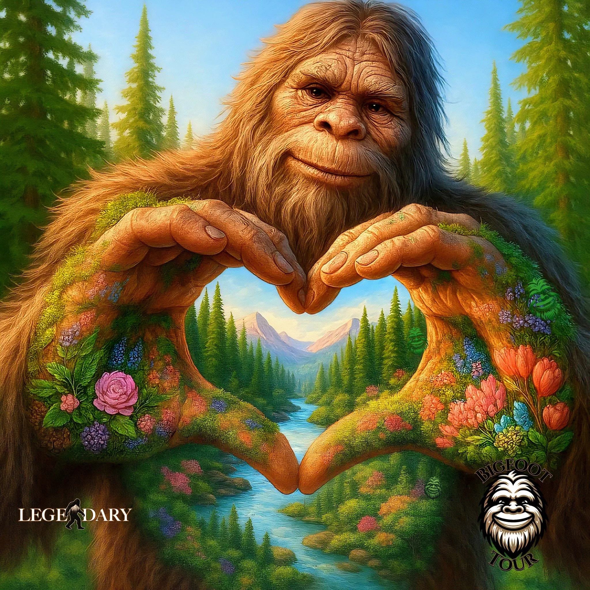 Bigfoot heart hands with nature detail.