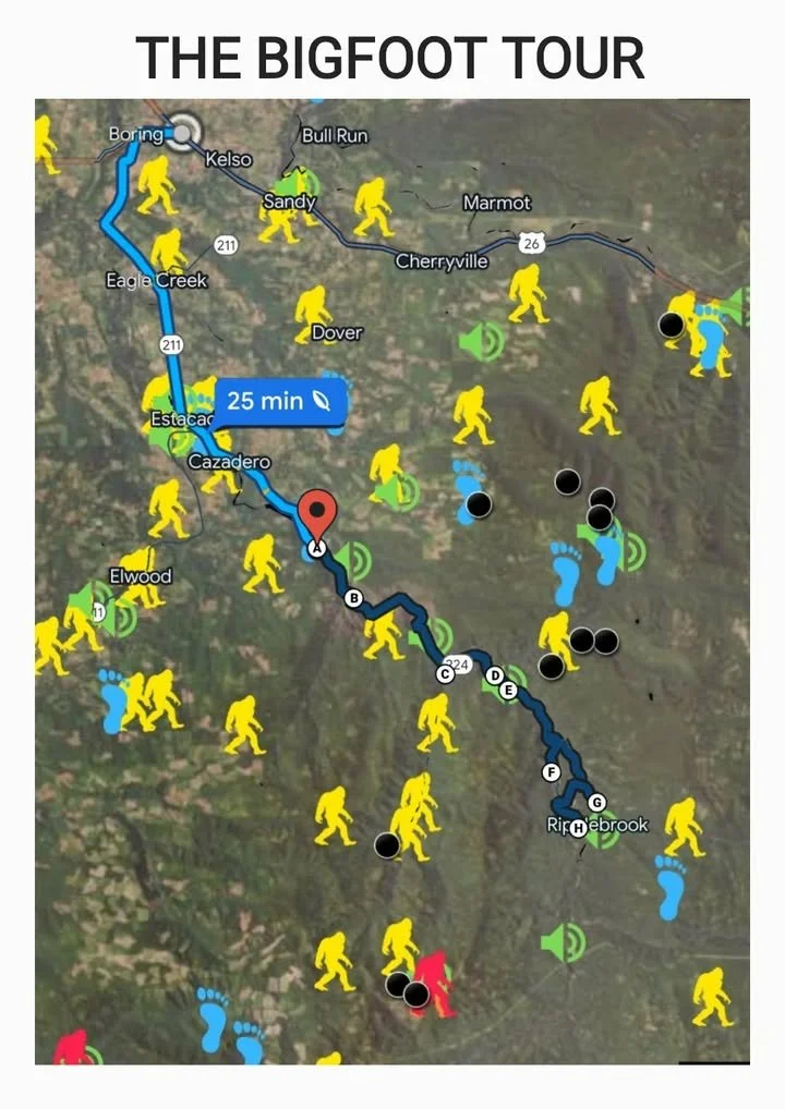 Map of the The Bigfoot Tour route with various trail markers, symbols, and footprints indicating locations and points of interest, including notable stops.
