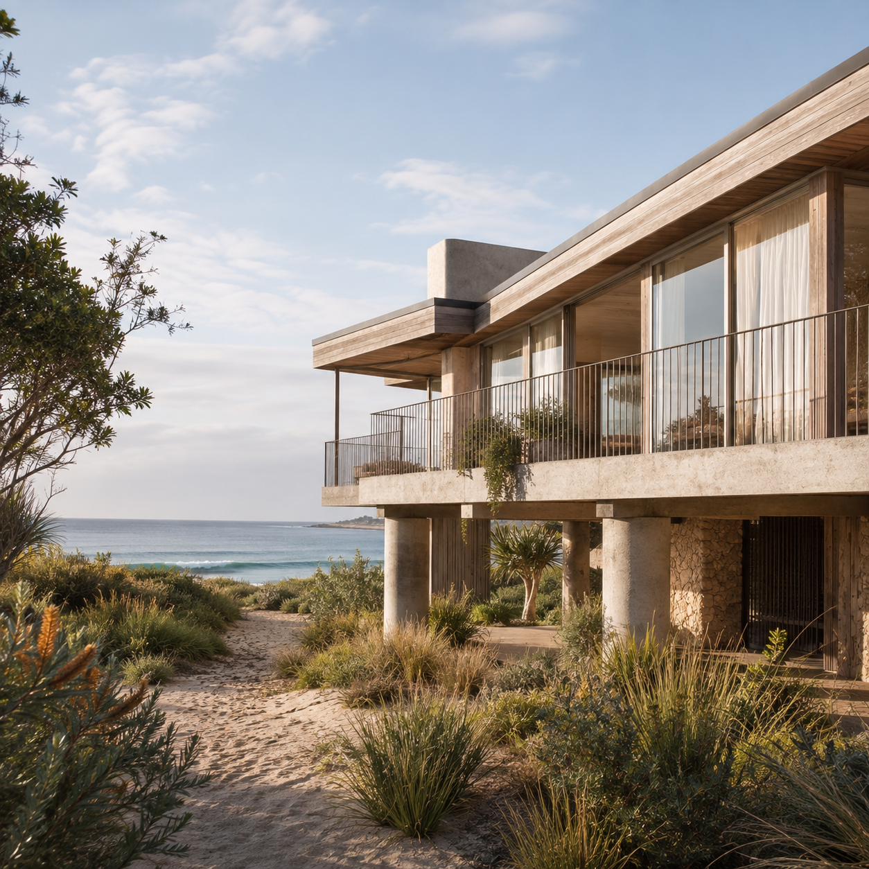 Modern beach house with large glass sliding doors, concrete and wood construction, surrounded by coastal plants, overlooking the ocean during daylight.