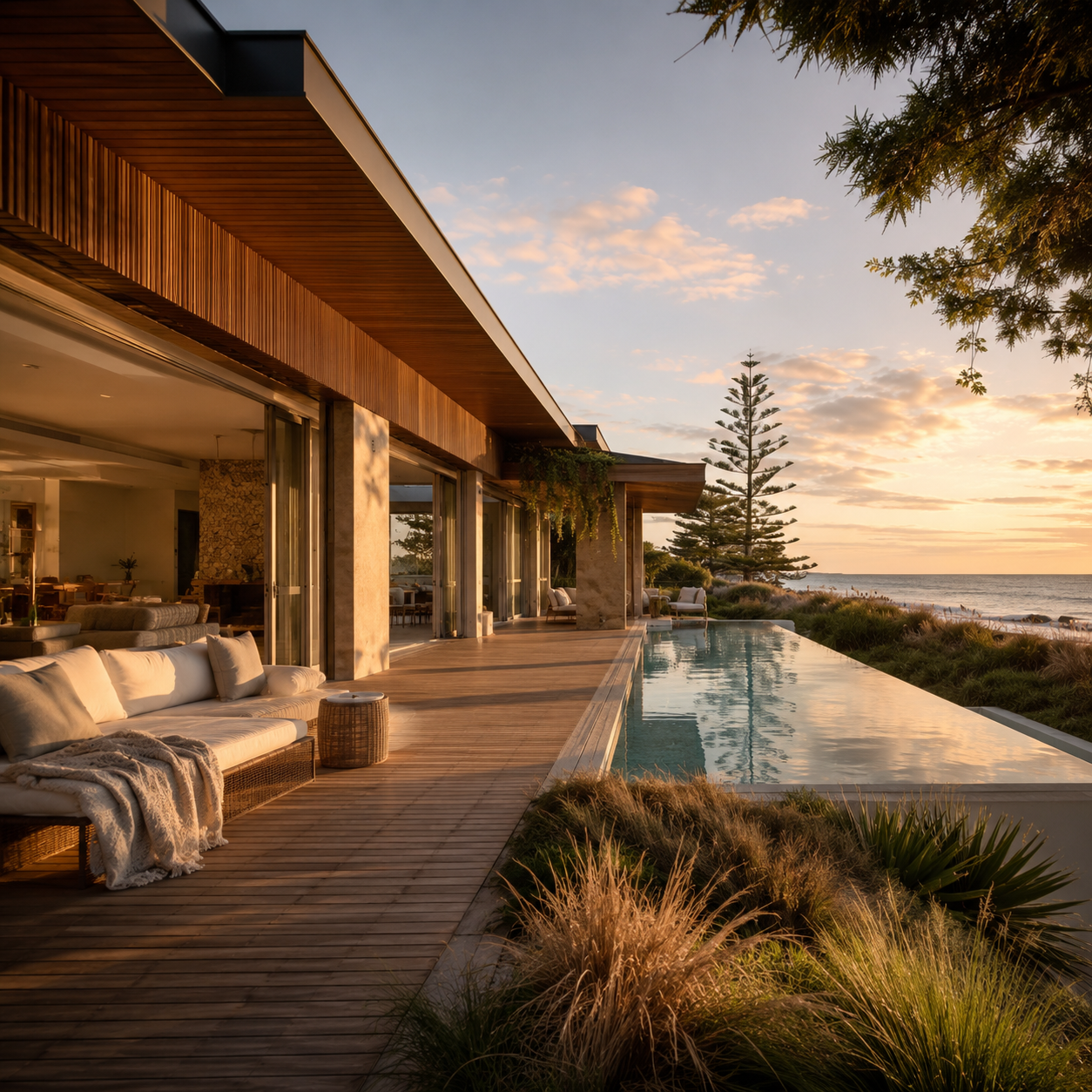 Modern house with large glass windows and an outdoor patio, overlooking an infinity pool and the ocean at sunset, surrounded by trees and coastal vegetation.