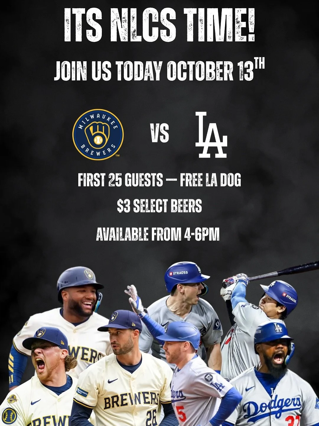 Join us today and be the one of the first 25 people and get 1 free LA Dog! ⚾️
• $3 draft beers available from 4-6pm