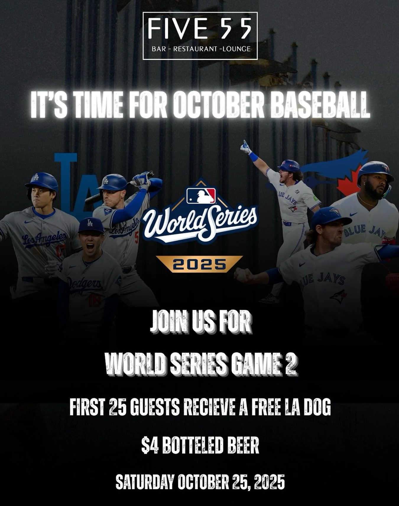 It’s Game 2 and the Dodgers need us yelling at TVs from FIVE55! ⚾️
Come join us tonight watch Game 2 of the World Series!