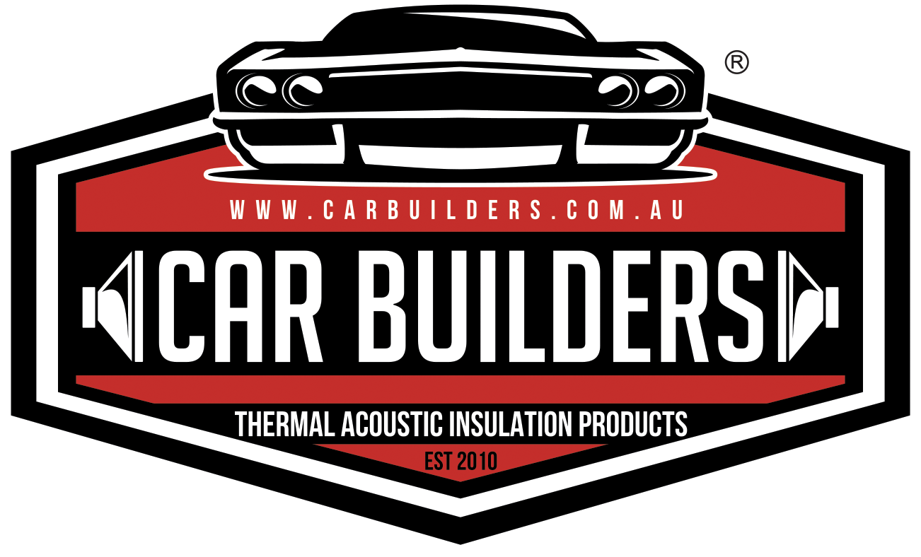 Logo for Car Builders featuring a stylized black and white car at the top, website URL www.carbuilders.com.au, bold text 'Car Builders', and caption 'Thermal Acoustic Insulation Products' with 'EST 2010' at the bottom.
