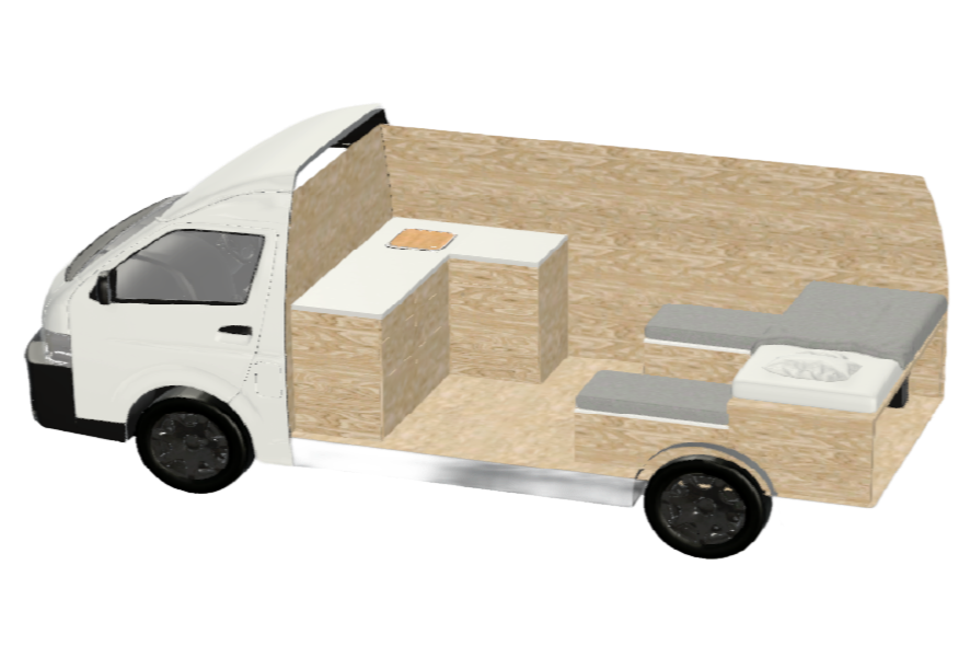 Van with bed, seats and cabinets