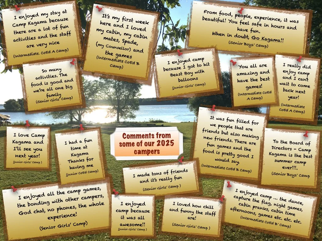 Collection of handwritten notes and comments from campers at Camp Kagama, displayed on tree-shaped paper cutouts pinned to a tree in an outdoor lakeside setting with trees and water in the background. The notes express enjoyment of camp activities, friends, food, and experiences.