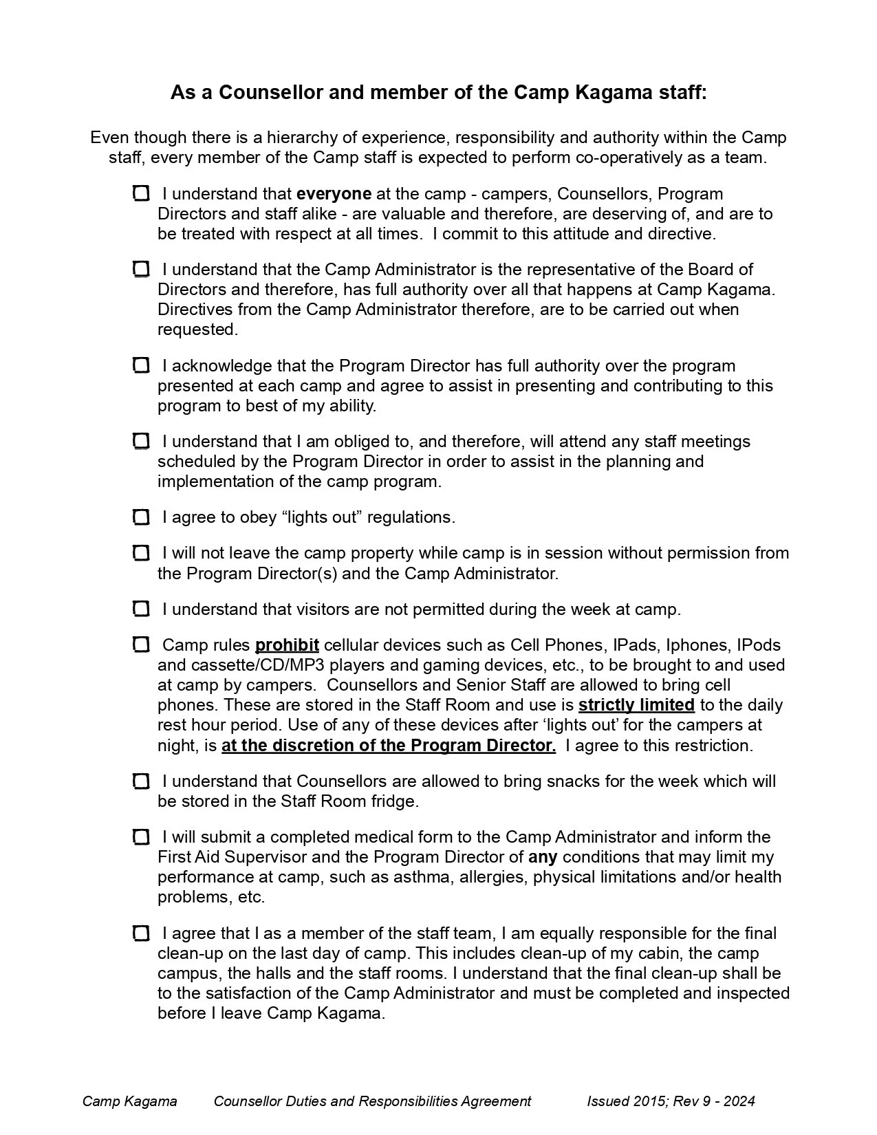Camp Kagama counsellor and staff responsibilities agreement document with checkboxes for policies and rules.