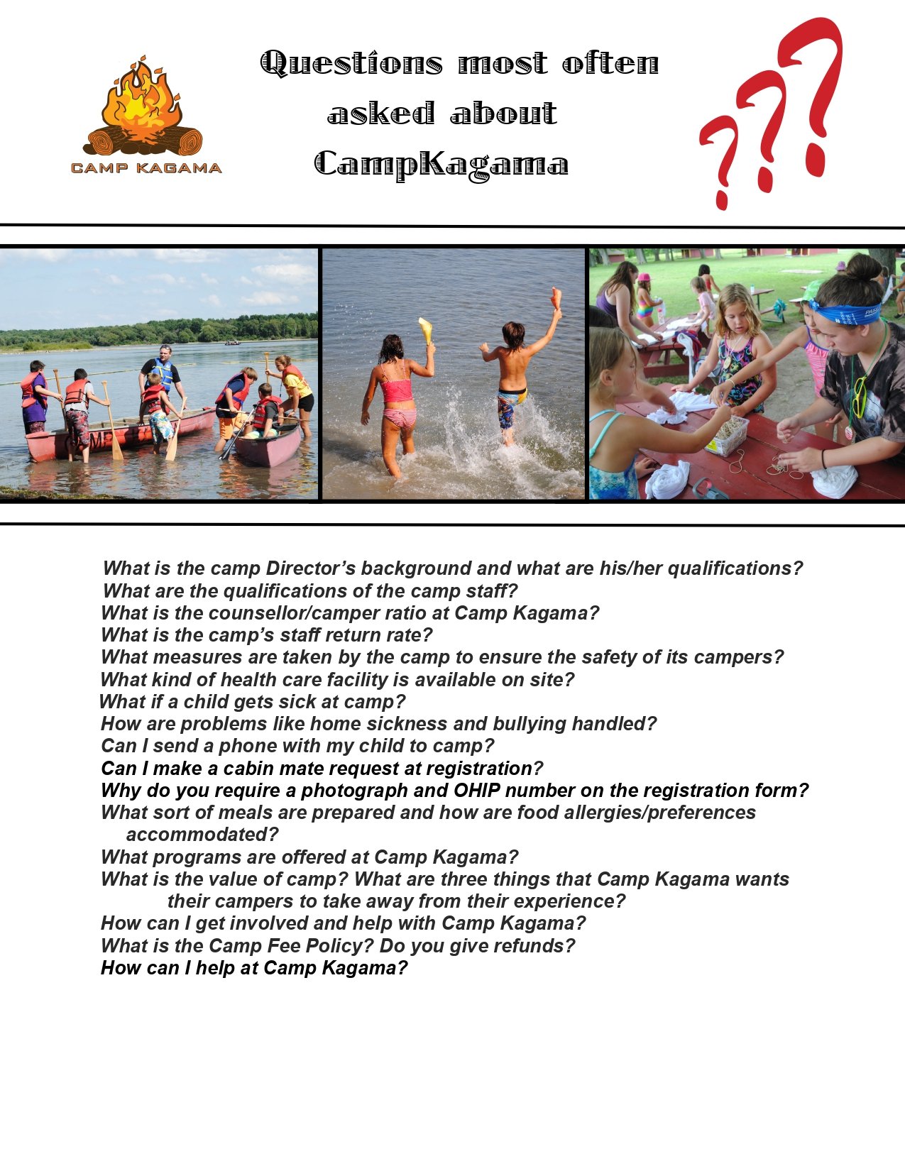 Brochure titled 'Questions most often asked about Camp Kagama' with images of children at a lake, playing in the water, and participating in activities. Contains a list of frequently asked questions about camp logistics, safety, health, and activitie