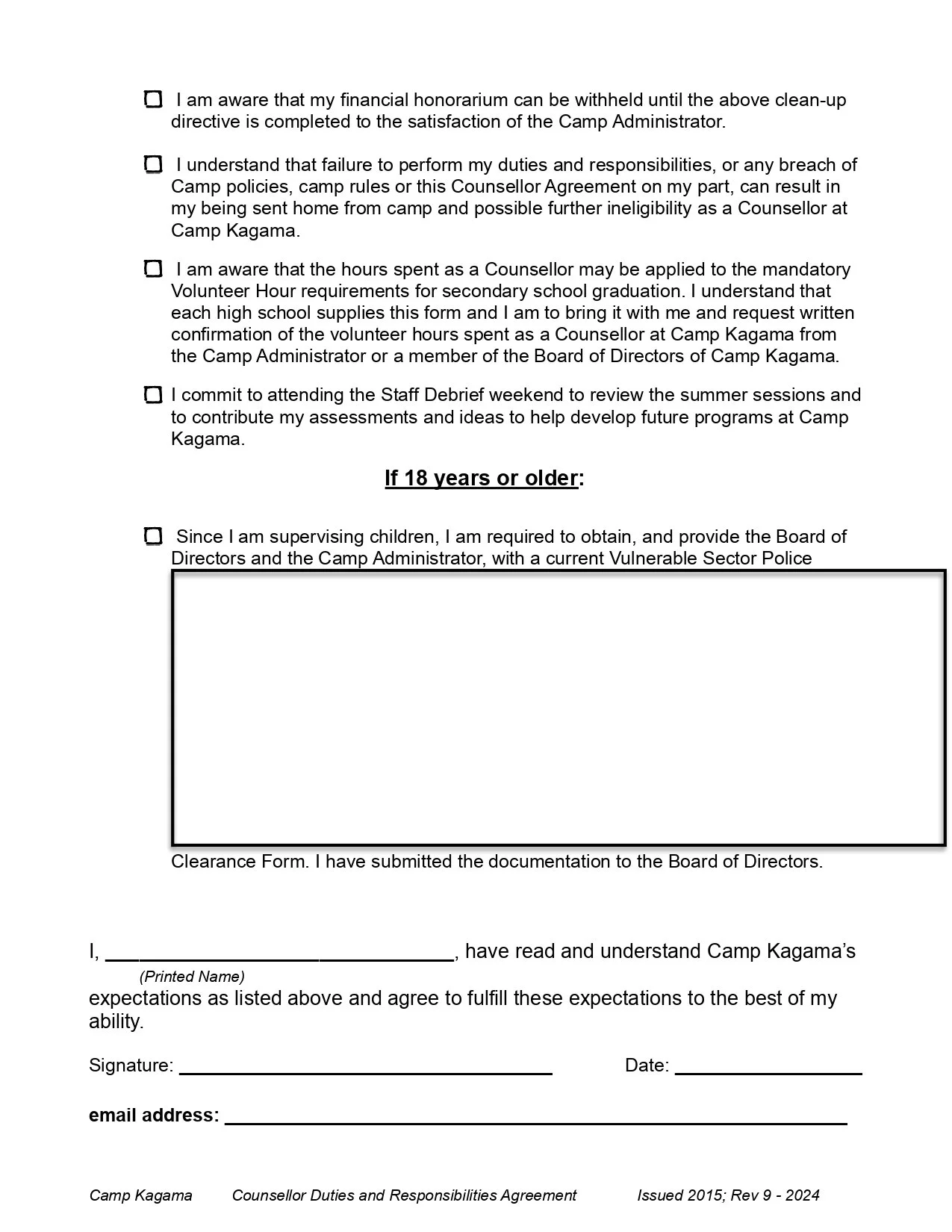Camp Kagama counselor duties and responsibilities agreement form with checkboxes, signature lines, and a blank space for a photo or additional information
