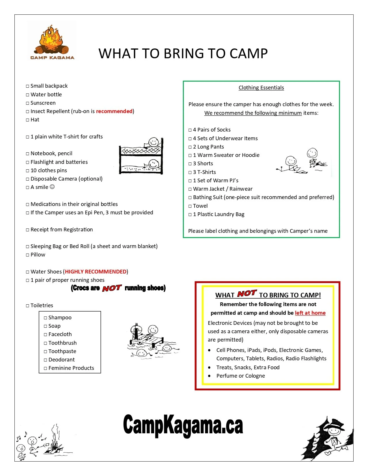 Camp Kagama checklist of items to bring and not to bring to camp, including clothing, toiletries, and electronic devices, with illustrations of camp activities and a website URL at the bottom.