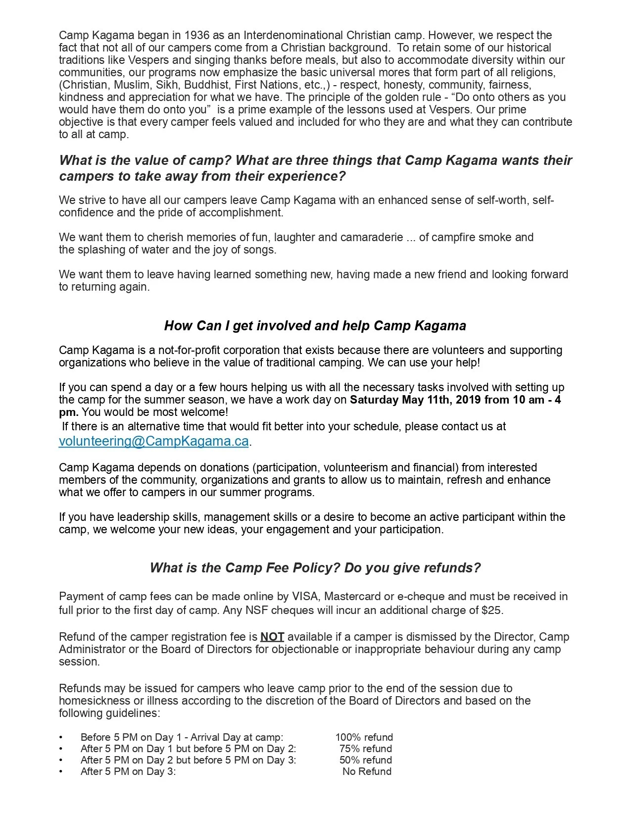 A document explaining the history, values, participation, and refund policy of Camp Kagama, a Christian summer camp established in 1936.