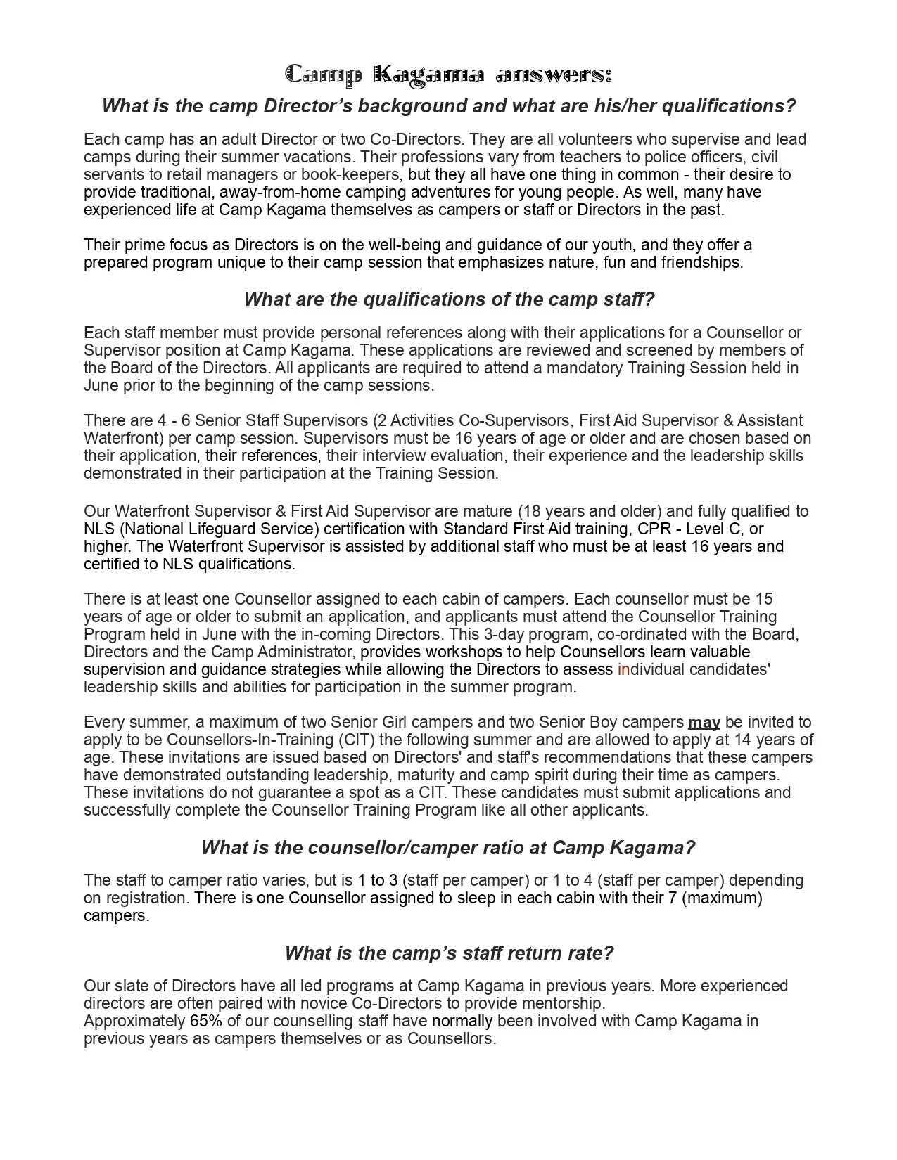 A document titled 'Camp Kagama answers' explaining qualifications and staff ratios for camp staff, counselors, and campers.