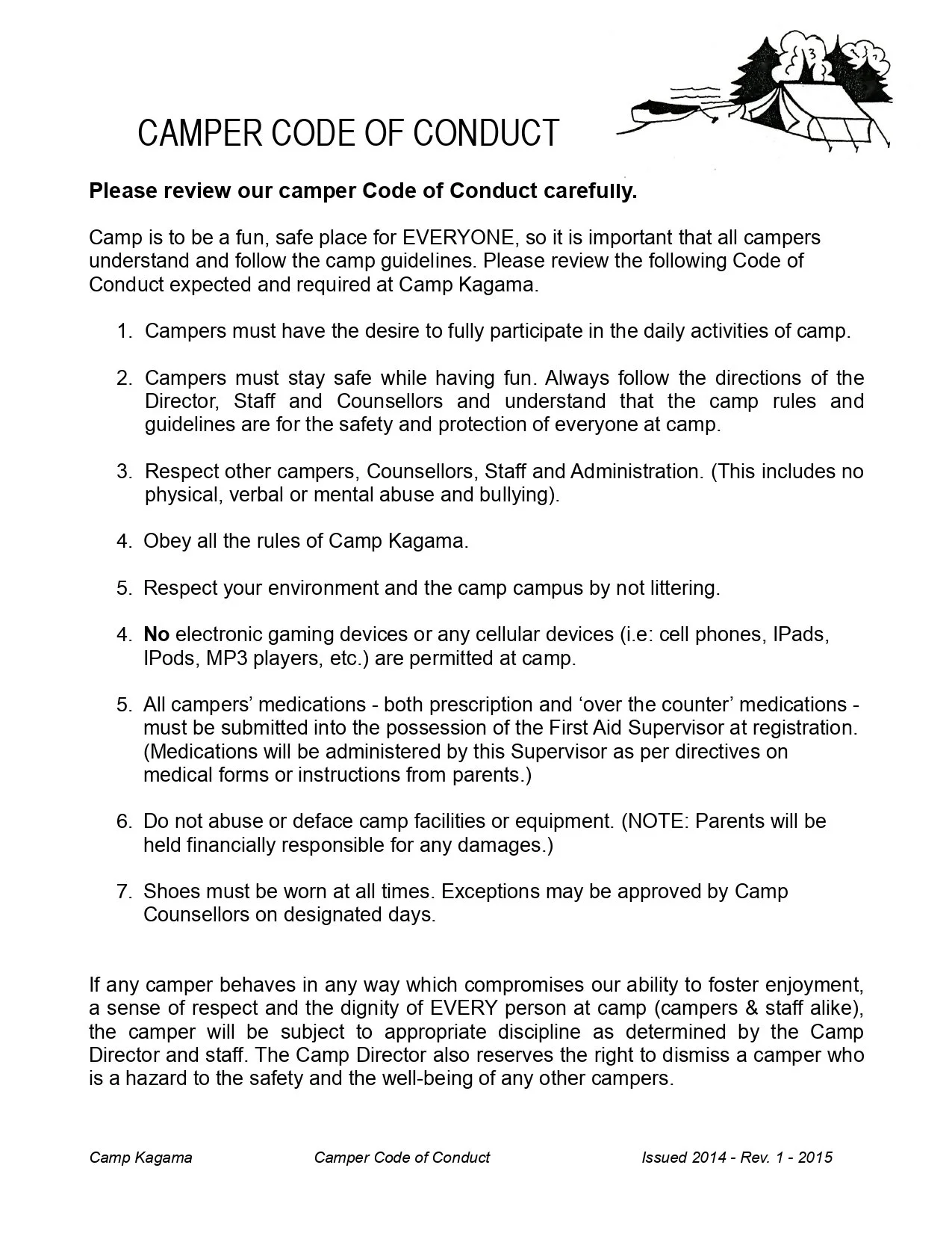 Document titled 'Camper Code of Conduct' with rules for campers at Camp Kagama, including safety, respect, and behavior guidelines, and a small illustration of tents and trees at the top right.