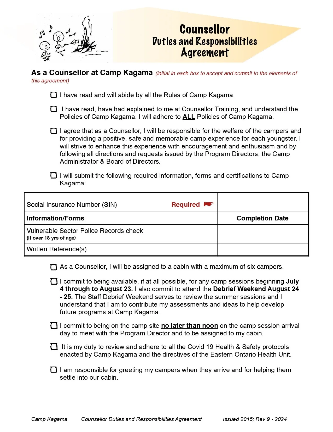 A camper counselor duties and responsibilities agreement form for Camp Kagama, with checkboxes for reading rules, explaining policies, submitting information, and commitments for camp sessions and responsibilities.
