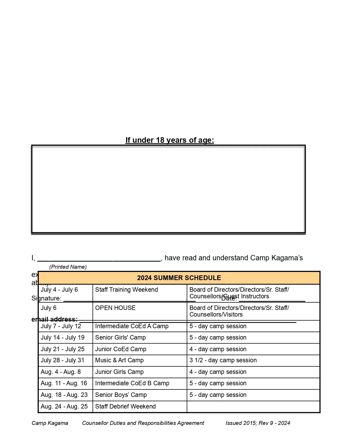 Camp Kagama summer schedule document listing camp sessions and dates from July to August, with headings and schedule details