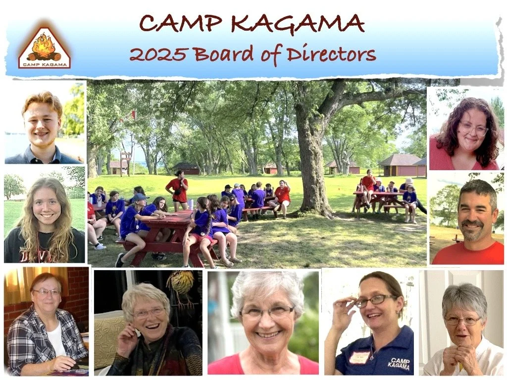 Group photo of children, teenagers, and adults at Camp Kagawa, including individual portraits and a main image of children sitting at picnic tables outdoors under trees, with a banner reading 'Camp Kagawa 2025 Board of Directors' at the top.