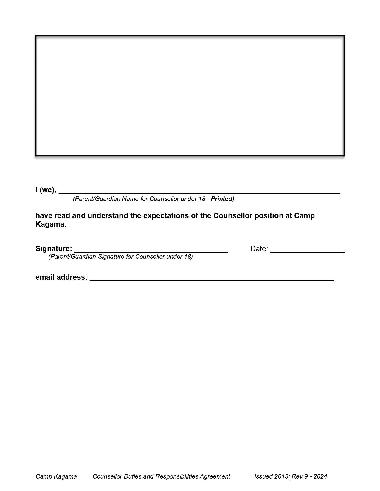 A blank form titled 'Counsellor Duties and Responsibilities Agreement' with fields for a parent's guardian name, signature, date, and email address, and space for an image at the top.